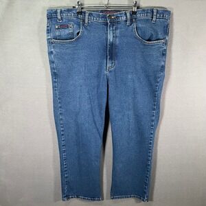 Mens Jeans 44x28 Blue Straight Leg Stretch Denim Big & Tall Short Inseam